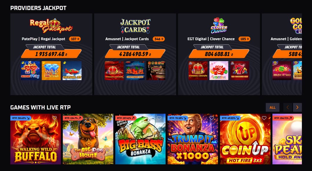 Provider jackpot cards and the Games with Live RTP row in the Allwin catalogue