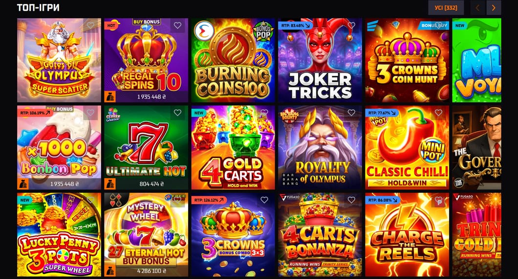 Ряд ТОП-ІГРИ в каталозі Allwin Casino з лічильником і плитками ігор